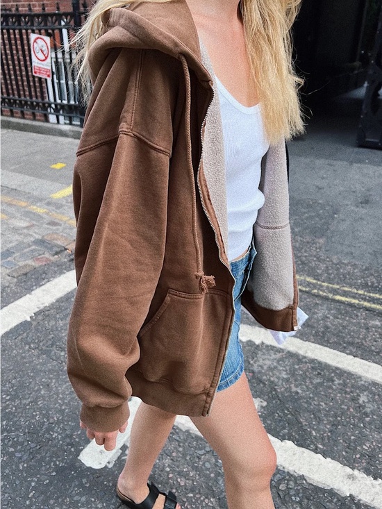 Brandy Melville Tops - Brandy Melville | Women’s Brown Christy Oversized Full-Zip Hooded Sweatshirt
